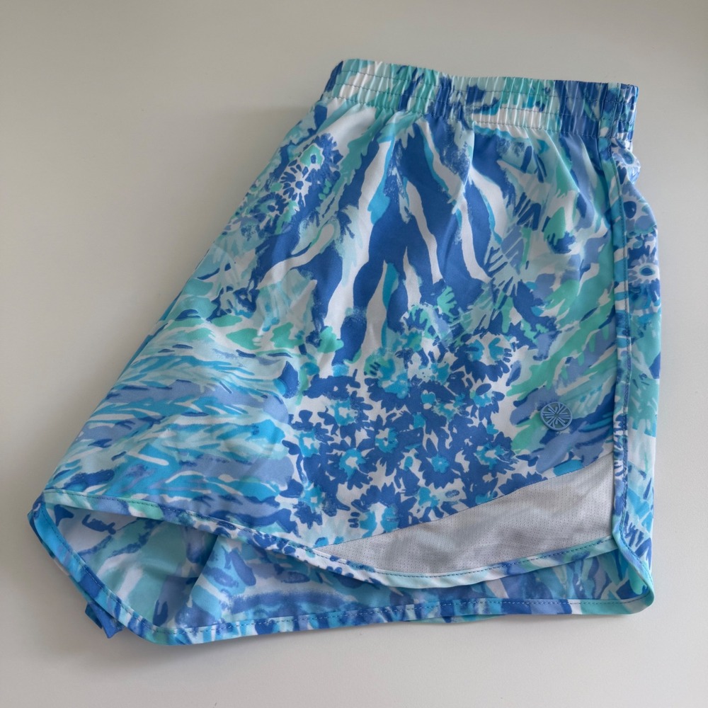 Lilly Pulitzer Luxletic Ocean Trail Shorts Blue Hey Hey Soleil Lined Women Sma